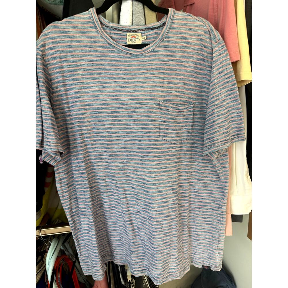 Faherty Men's Pocket Tee Short Sleeve Stripe Baypoint Blue Pink Size XL